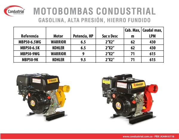 MOTOBOMBA A GASOLINA ALTA PRESION - CONDUSTRIAL - 6.5HP - MBP50-6.5WG