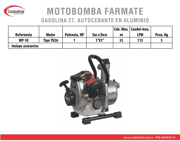 MOTOBOMBA A GASOLINA AUTOCEBANTE - 1HP - FARMATE - WP-10
