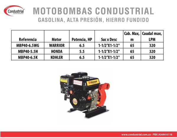 MOTOBOMBA A GASOLINA ALTA PRESION - CONDUSTRIAL - MBP40-6.5WG