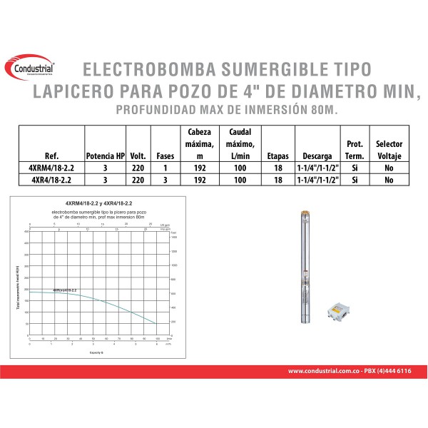 ELECTROBOMBA SUMERGIBLE TIPO LAPICERO 4XRM4/18-2.2