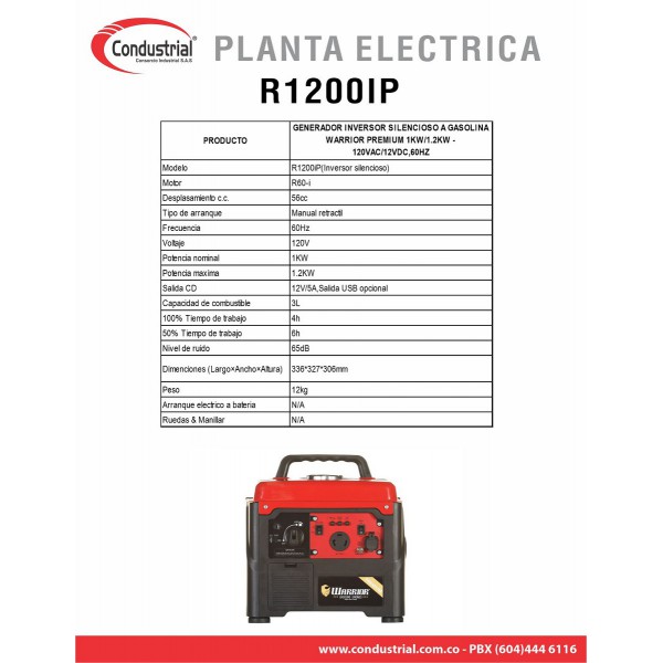 PLANTA ELECTRICA A GASOLINA WARRIOR PREMIUM R1200IP