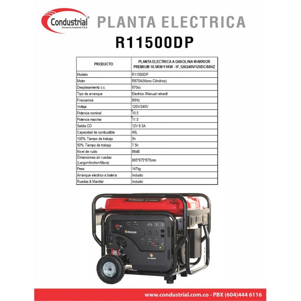 PLANTA ELECTRICA A GASOLINA WARRIOR PREMIUM R11500DP