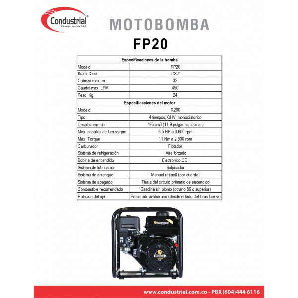 MOTOBOMBA A GASOLINA AUTOCEBANTE - 6.5HP - WARRIOR - FP20