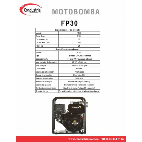 MOTOBOMBA A GASOLINA AUTOCEBANTE - 6.5HP - WARRIOR -FP30