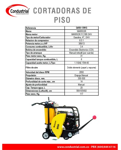 CORTADORA DE PISO A GASOLINA 4T - WARRIOR PREMIUM - Q450-13WG