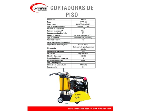 CORTADORA DE PISO A GASOLINA 4T - WARRIOR PREMIUM - Q450-14K