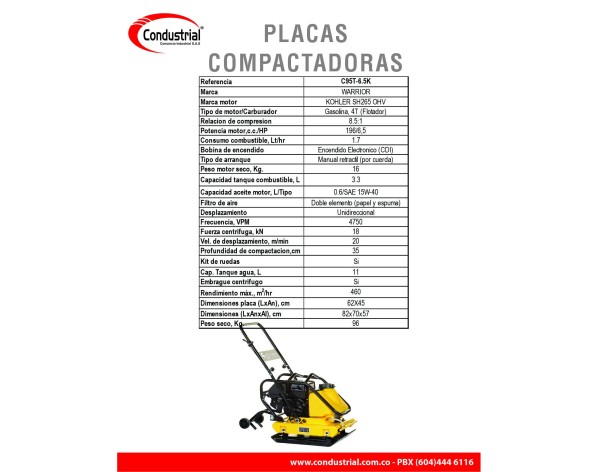 PLACA COMPACTADORA WARRIOR PREMIUM C95T-6.5K
