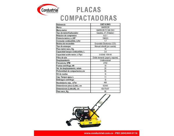 PLACA COMPACTADORA WARRIOR PREMIUM C95T-6.5WG