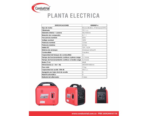 PLANTA ELECTRICA A GASOLINA WARRIOR PREMIUM R2000ISP-6