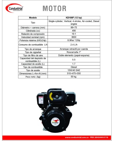 MOTOR DIESEL - 12HP -  ECOHORSE - KD188F