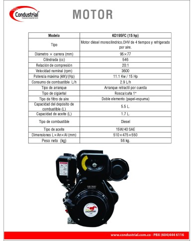 MOTOR DIESEL - 15HP - ECOHORSE - KD195FC