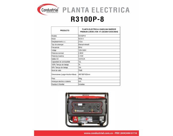PLANTA ELECTRICA A GASOLINA WARRIOR PREMIUM R3100P-8