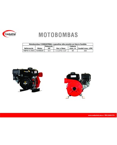 MOTOBOMBA A GASOLINA ALTA PRESION - CONDUSTRIAL - 6.5HP - MBP40-6.5WG