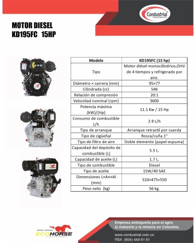 MOTOR DIESEL - 15HP - ECOHORSE - KD195FC
