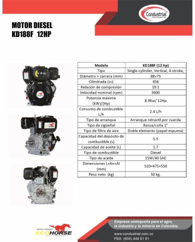 MOTOR DIESEL - 12HP -  ECOHORSE - KD188F
