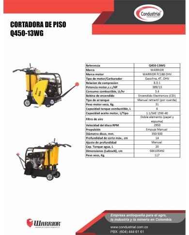 CORTADORA DE PISO A GASOLINA 4T - WARRIOR PREMIUM - Q450-13WG