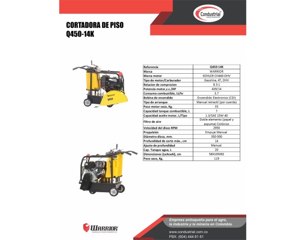 CORTADORA DE PISO A GASOLINA 4T - WARRIOR PREMIUM - Q450-14K