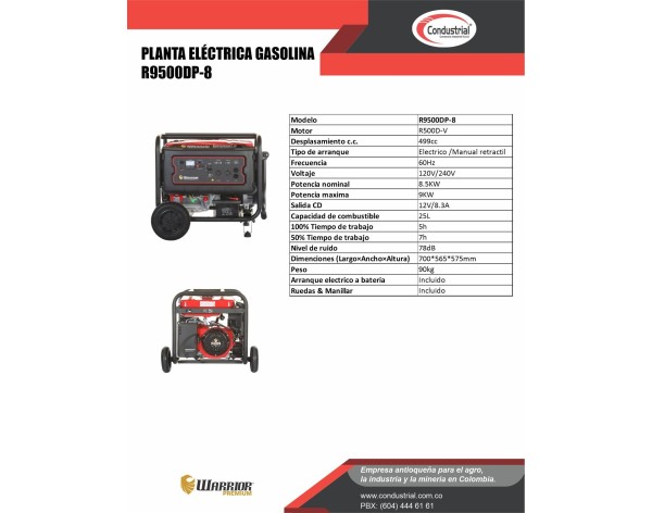PLANTA ELECTRICA A GASOLINA WARRIOR PREMIUM R9500DP-8