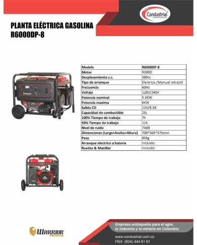 PLANTA ELECTRICA A GASOLINA WARRIOR PREMIUM R6000DP-8