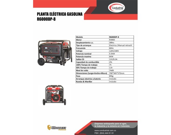 PLANTA ELECTRICA A GASOLINA WARRIOR PREMIUM R6000DP-8