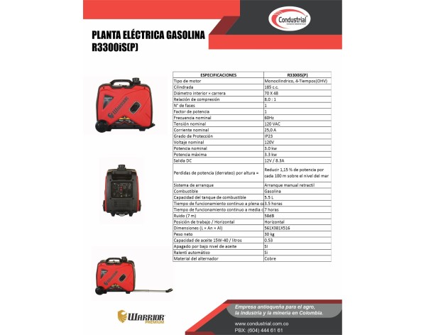 PLANTA ELECTRICA A GASOLINA WARRIORCON INVERSOR R3300iS(P)