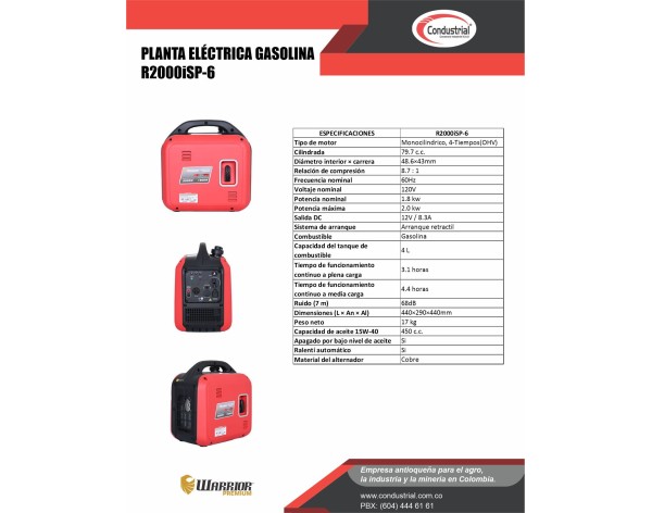 PLANTA ELECTRICA A GASOLINA WARRIOR PREMIUM R2000ISP-6