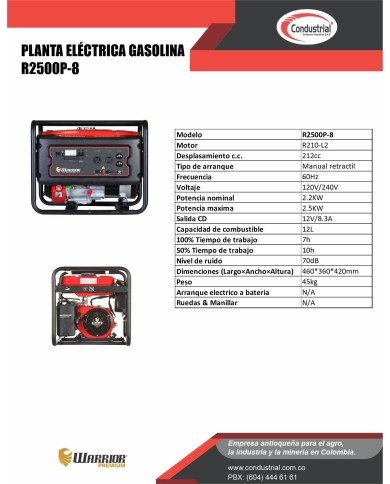 PLANTA ELECTRICA A GASOLINA WARRIOR PREMIUM R2500P-8