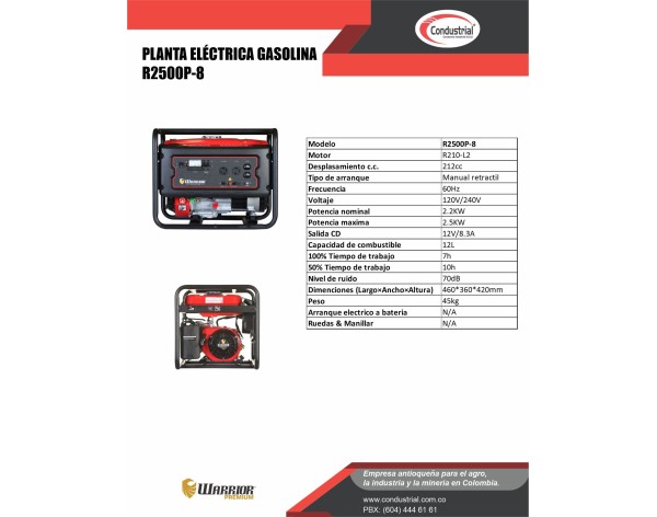 PLANTA ELECTRICA A GASOLINA WARRIOR PREMIUM R2500P-8