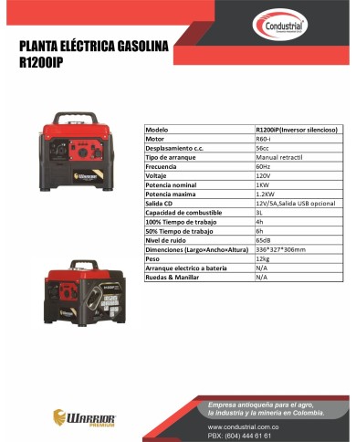 PLANTA ELECTRICA A GASOLINA WARRIOR PREMIUM R1200IP
