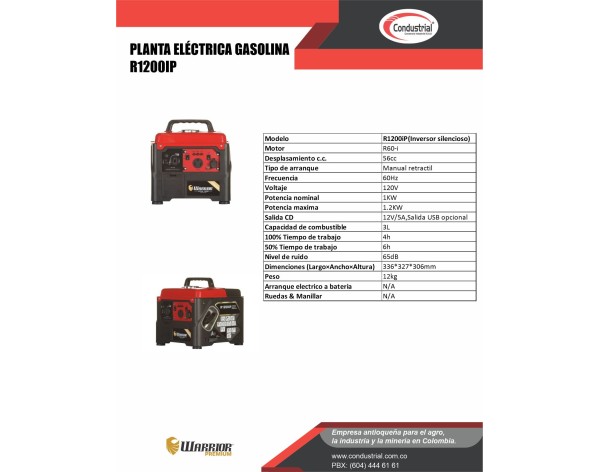 PLANTA ELECTRICA A GASOLINA WARRIOR PREMIUM R1200IP