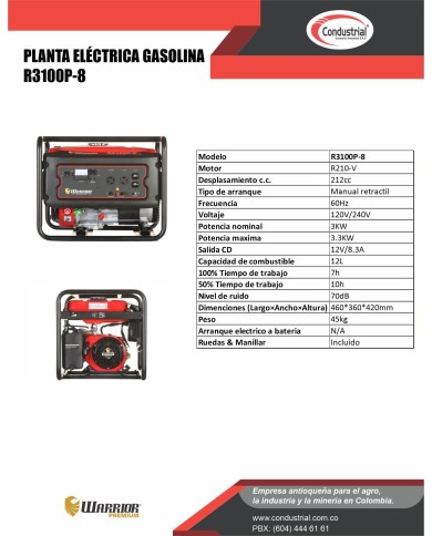 PLANTA ELECTRICA A GASOLINA WARRIOR PREMIUM R3100P-8
