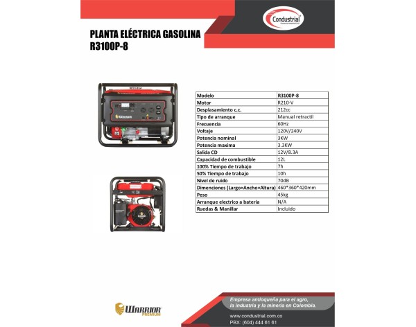 PLANTA ELECTRICA A GASOLINA WARRIOR PREMIUM R3100P-8