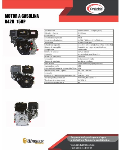 MOTOR A GASOLINA - 15HP - WARRIOR - R420-1R/C