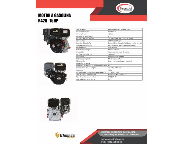 MOTOR A GASOLINA - 15HP - WARRIOR - R420-1R/C
