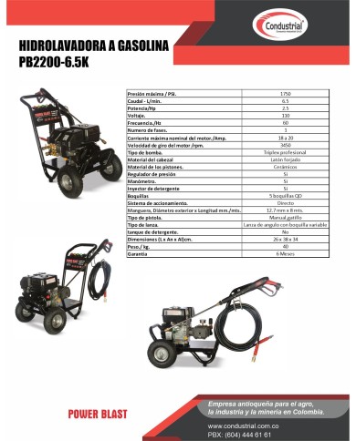 hidrolavadora POWERBLAST  PB-2200-6.5Kcon motor  a gasolina de 6.5hp.