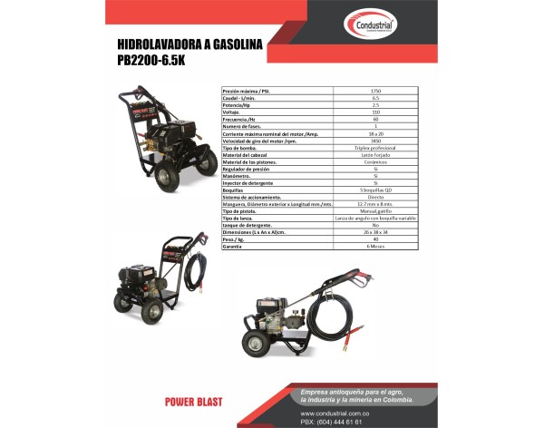hidrolavadora POWERBLAST  PB-2200-6.5Kcon motor  a gasolina de 6.5hp.