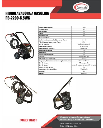 hidrolavadora POWERBLAST  PB-2200-6.5WGcon motor  a gasolina de 6.5HP.