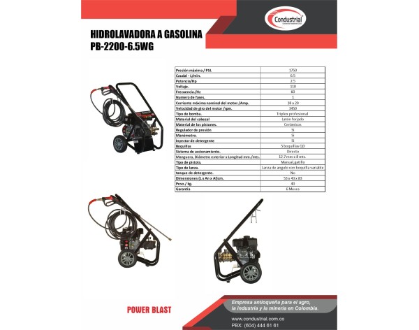 hidrolavadora POWERBLAST  PB-2200-6.5WGcon motor  a gasolina de 6.5HP.