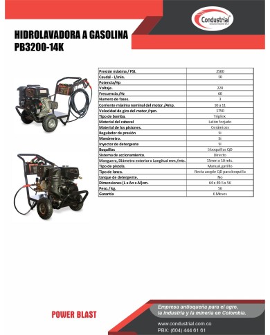 Hidrolavadora POWERBLAST PB3200-14K motor a gasolina KOHLER de 14 HP