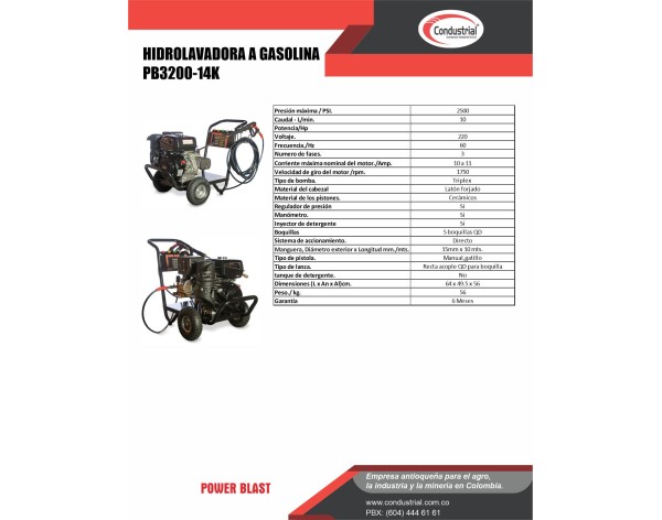 Hidrolavadora POWERBLAST PB3200-14K motor a gasolina KOHLER de 14 HP