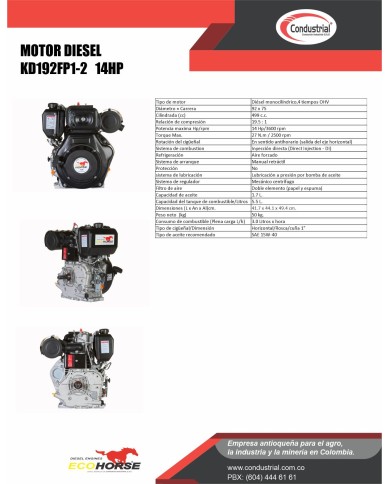 Motor diesel ecohorse kd192fp1-2 condustrial
