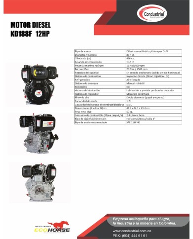 MOTOR DIESEL - 12HP -  ECOHORSE - KD188F