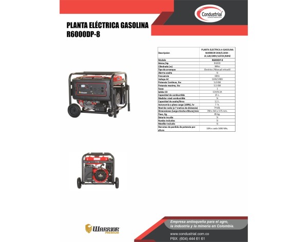 PLANTA ELECTRICA A GASOLINA WARRIOR PREMIUM R6000DP-8