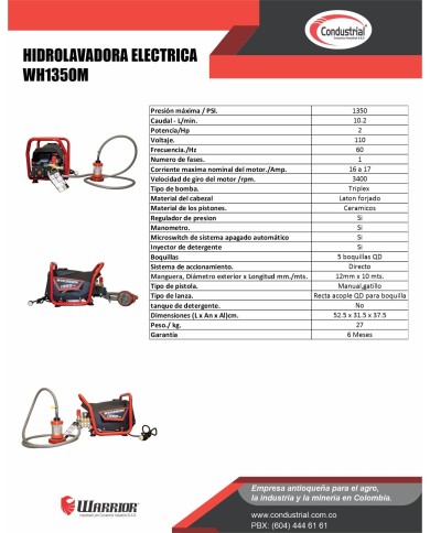HIDROLAVADORA ELECTRICA WARRIOR WH1350M