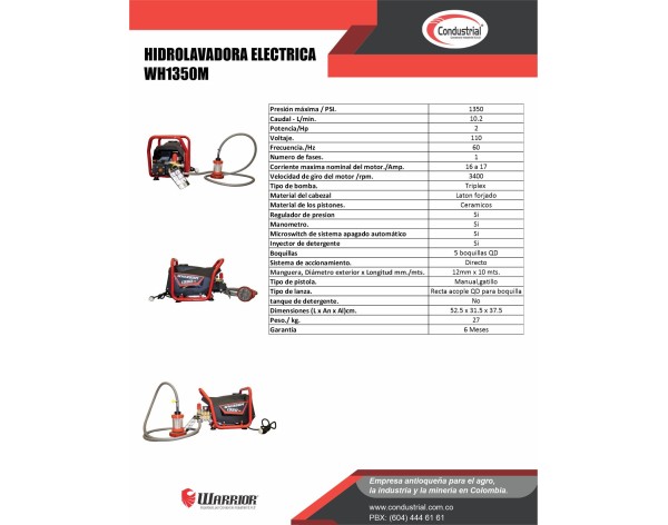 HIDROLAVADORA ELECTRICA WARRIOR WH1350M