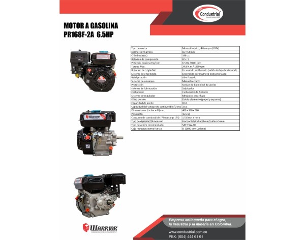 MOTOR A GASOLINA  - 6.5HP - WARRIOR - PR168F-2A