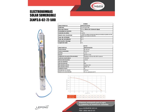 ELECTROBOMBA SOLAR SUMERGIBLE 3LNP3.6-62-72-580