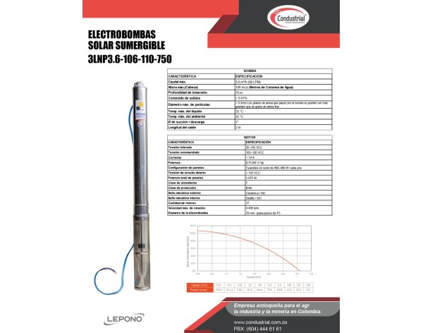 ELECTROBOMBA SOLAR SUMERGIBLE 3LNP3.6-106-110-750